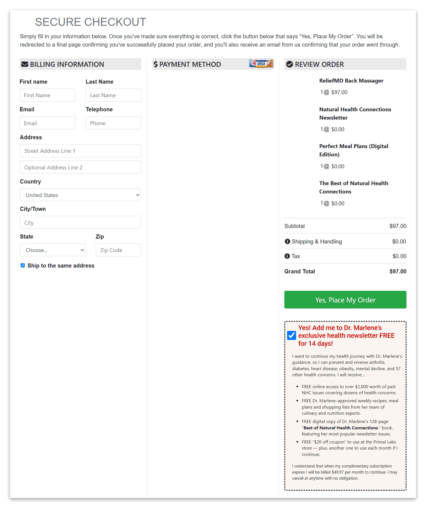 ReliefMD Back Massager secure checkout page